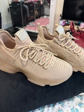 Steve Madden Women's Beige Rhinestone Knit Sneakers in Nude